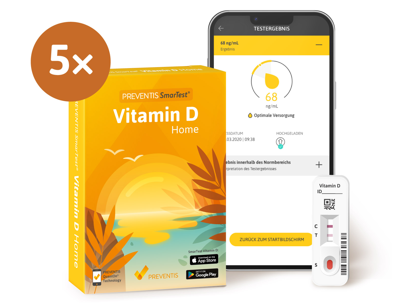 Verpackung des Vitamin-D-Mangel-Tests SmarTest Vitamin D Home; daneben ein Smartphone mit dem Vitamin-D-Spiegel auf dem Bildschirm und eine Schnelltestkassette.